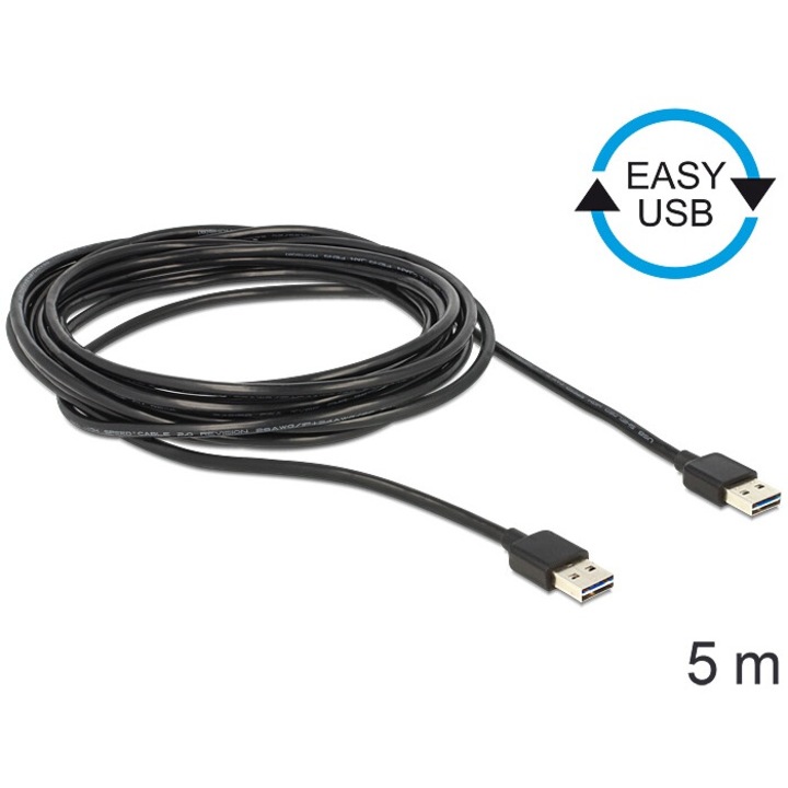 Cablu DeLock EASY-USB 2.0 Tip-A tata > EASY-USB 2.0 Tip-A tata 5m Negru, 108828, Cablu