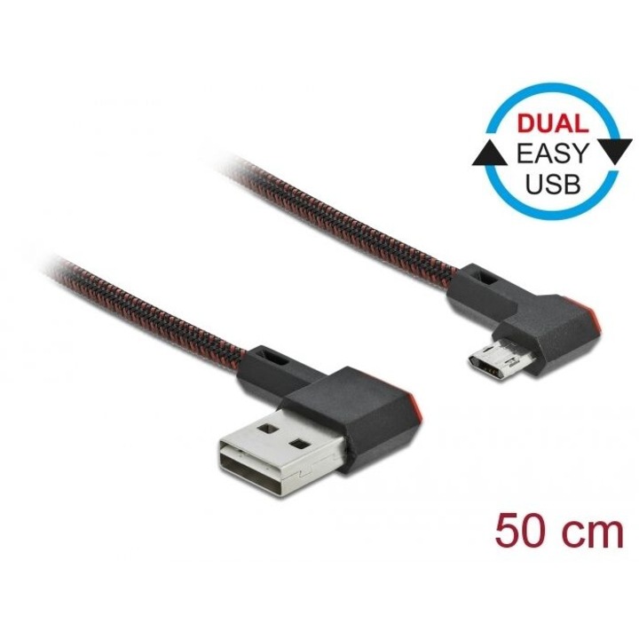 DeLock EASY-USB 2.0 Cable Type-A male to EASY-USB Type Micro-B male angled left/right 0,5m Black, 181427, Kábel