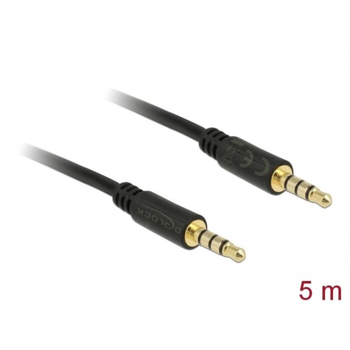 Cablu jack stereo DeLock 3,5 mm 4 pini tata la tata 5m Negru, 181515, Cablu