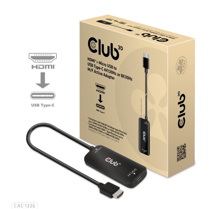 Club3D HDMI + Micro USB to USB Type-C 4K120Hz or 8K30Hz M/F Active Adapter, 222462, Speciális átalakító