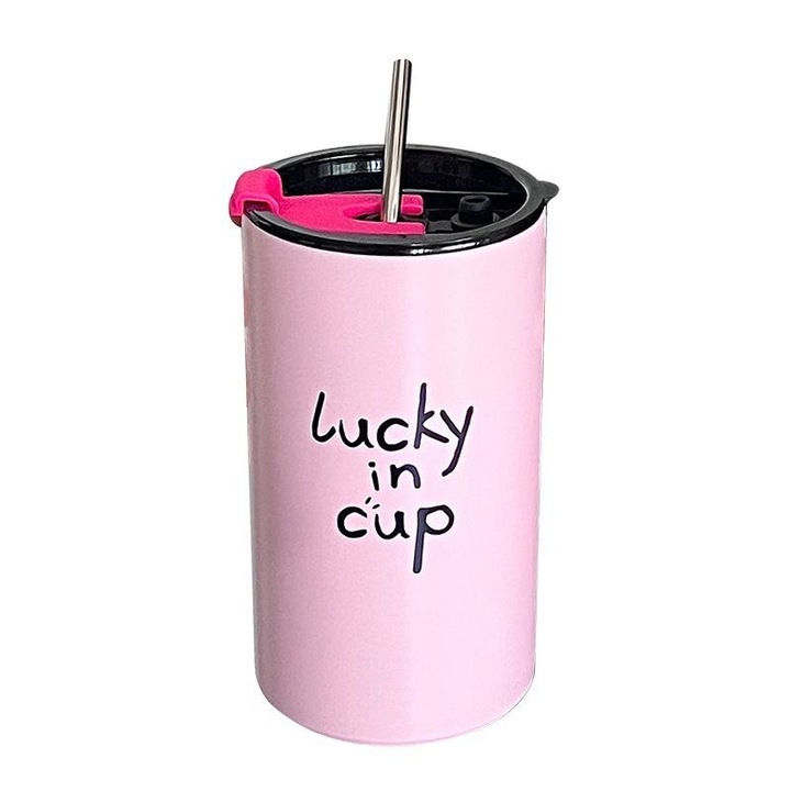 Cana termos din inox, 600ml, cu capac si pai, design creativ, roz