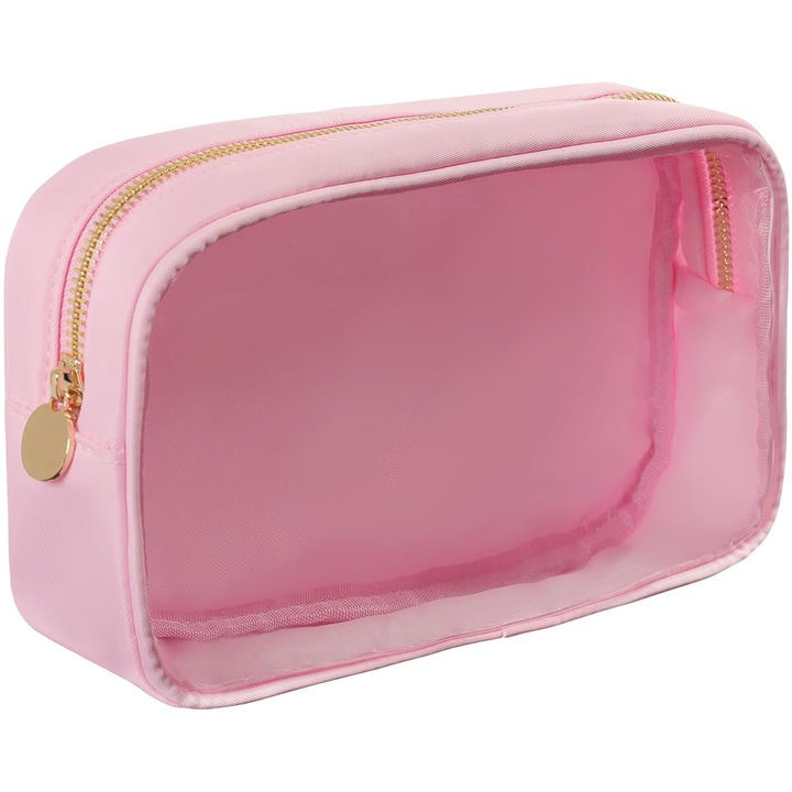 Geanta cosmetice transparenta, TPU, impermeabila, cu fermoar, roz, 24x5x13cm