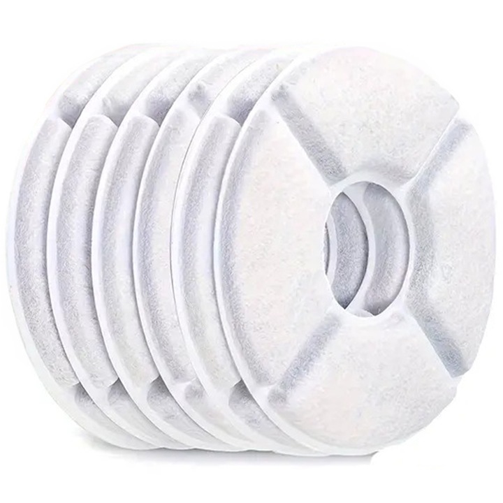 Set 6 Filtre de Rezerva Elindor® pentru Dispenser de Apa Animale de Companie Tip Adapator, Elimina Eficient Impuritatile si Firele de Par, Accesorii Purificare si Filtrare Tripla pentru Fantana pentru Pisici si Caini, Compatibile cu Fantana 2.4L, Alb