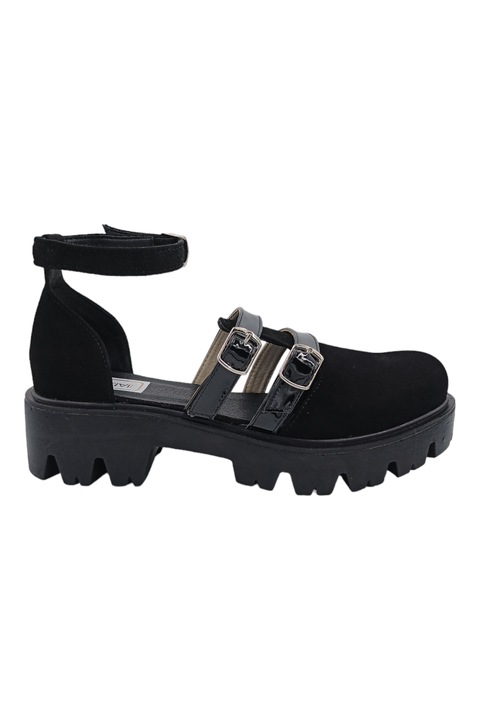 Sandale dama casual piele intoarsa cu catarame piele lacuita talpa masiva negru