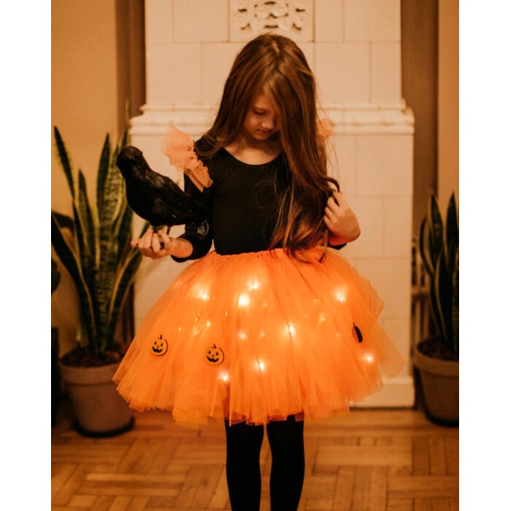 Costum Dovleacul de Halloween, 2 Piese, Fustita Portocalie cu Dovleci si Body cu tulle, special pentru serbare, 5-6 ani