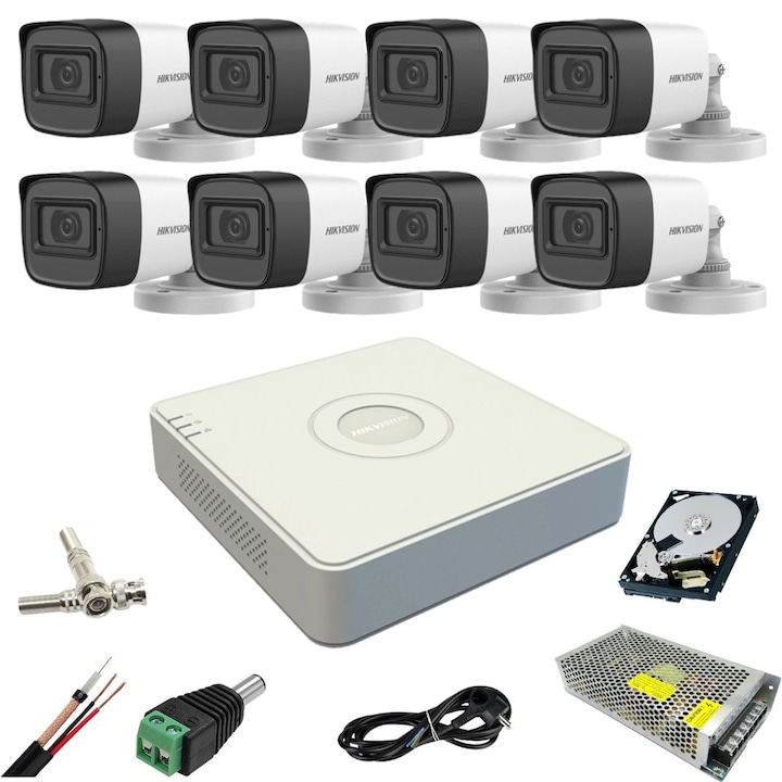 Kit complet de supraveghere IP cu 6 camere bullet, 2MP, lentila 2.8-12mm, IR 50m, PoE, NVR cu 8 canale IP, Ultra HD rezolutie 4K, accesorii