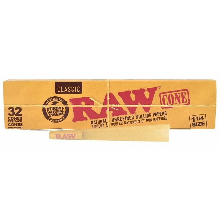 Set 32 conuri Raw Classic prerulate foite cu filtru marime 1 1/4 84mm, hartie naturala nealbita, usor de umplut