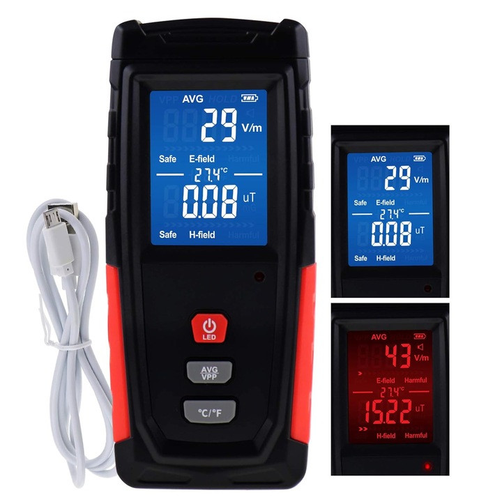 Detector radiatii electromagnetice JFYU, Detector Radiatii de Masoara campuri Electrice si Electromagnetice, Ecran LCD, USB, 600mAh, 2 Indici de masurare, Negru/Rosu