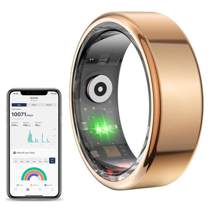 Inel inteligent, JFYU, Inel smart inteligent, Monitorizeaza pulsul, Oxigenul din sange, Somnul, Calorii, Monitorizare fitness si sanatate, Bluetooth, Temperatura corporala, Waterproof IP68, Incarcare magnetica, Auriu
