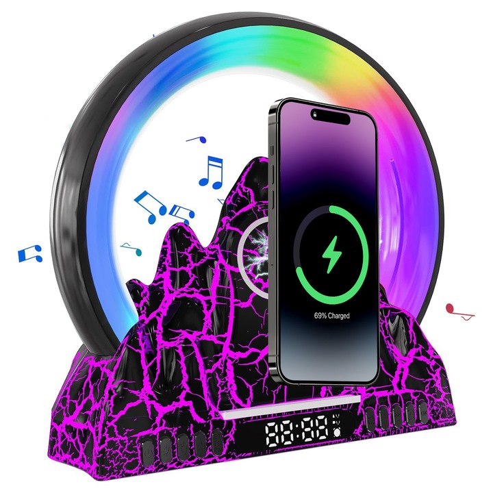 Lampa Smart LED RGB, JFYU, Functie de Alarma Functie de Radio FM Difuzor Bluetooth Incorporat Functie de Incarcare a Smartphone-ului la 15W Ceas digital cu alarma Design Modern Si Ergonomic Negru