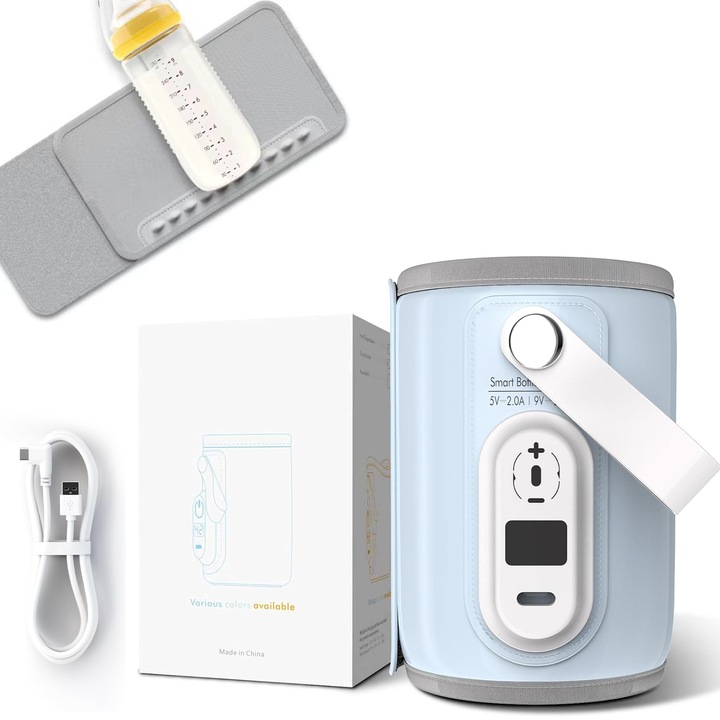 Нагревател за бутилки, JFYU, преносим, 40-50 градуса регулируем, USB зареждане, 6 нива на нагряване, постоянна температура до 24 часа, цифров дисплей, модерен дизайн, син