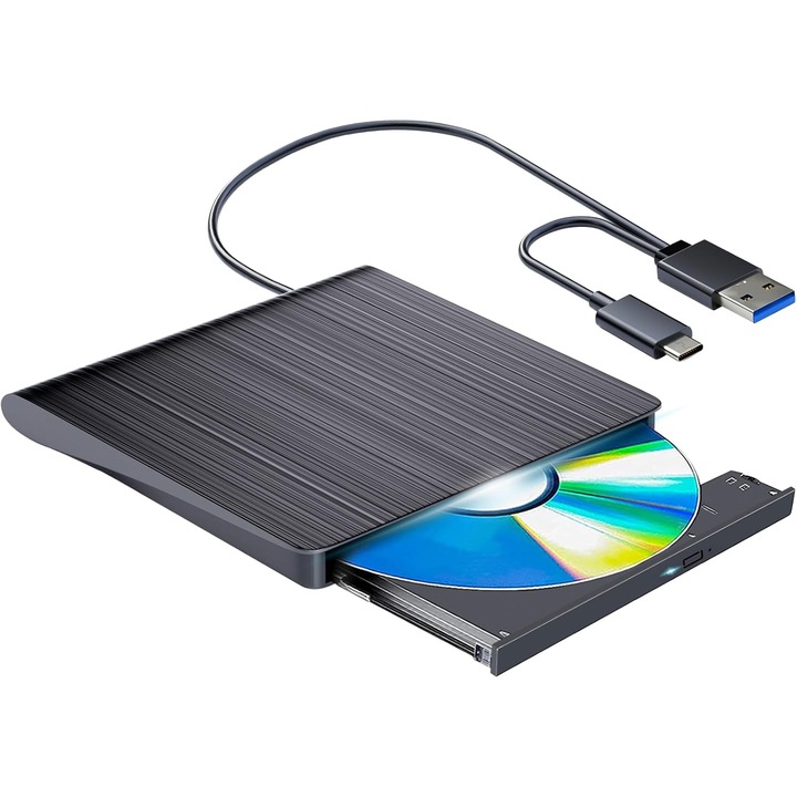 Külső DVD-író, JFYU, USB 3.0/Type C Plug & Play Ultravékony hordozható kialakítás Kompatibilis laptop PC asztali számítógép 14 x 14 x 1,5 cm, fekete