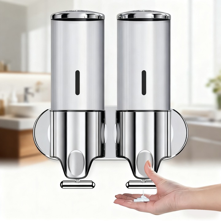 Set 2 Dozator gel de Dus, JFYU, Dozator Sapun lichid, Sampon, Balsam sau Conditioner Pentru Baie, ABS/inox, Rezistent la Apa, Pentru Baie, Bucatarie, Hotel, Mall, Spital, Scoala, Argintiu