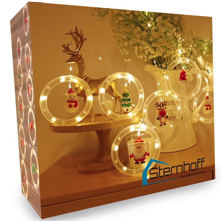Коледна светеща завеса, LED стъклопис с фигури, Sternhoff, Дължина 3 м, 108 LED, 8 режима на светене, Вътрешно/външно, IP44, Бял кабел, Може да се комбинира, Топло бяло