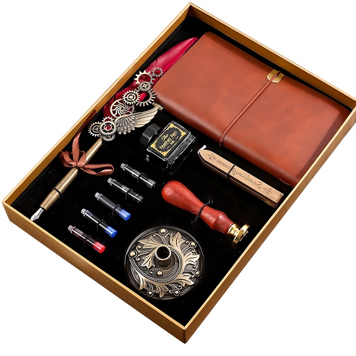 Set stilou vintage cu pana, JFYU, 7 in 1 Set caligrafie cu pana de scris vintage, Suport, calimara, Rezerve cerneala 5 culori, Agenda piele, Ceara aurie pentru sigiliu si stampila, Rosu sangeriu