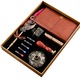 Set stilou vintage cu pana, JFYU, 7 in 1 Set caligrafie cu pana de scris vintage, Suport, calimara, Rezerve cerneala 5 culori, Agenda piele, Ceara aurie pentru sigiliu si stampila, Rosu sangeriu