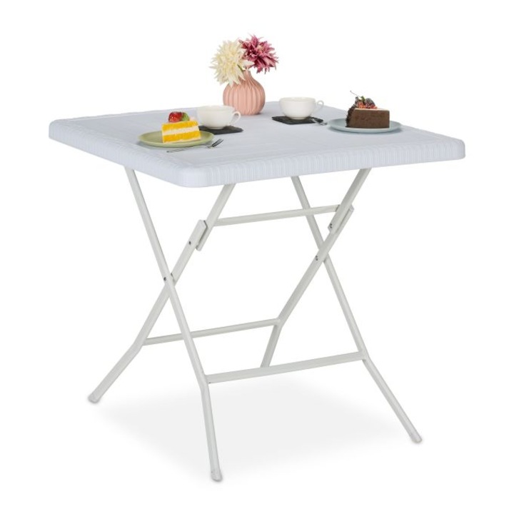 Masa de gradina/terasa, Relaxdays, cu aspect lemn, alb, 78x78x74 cm