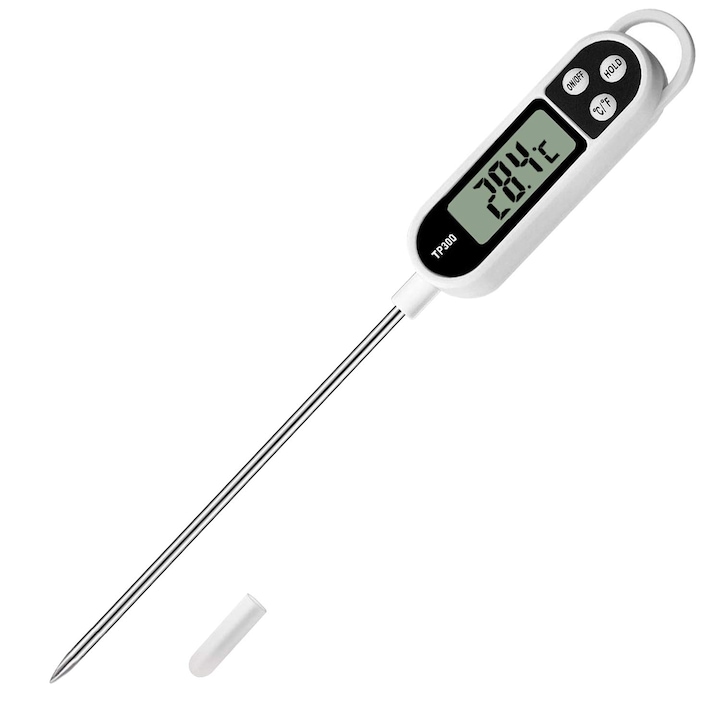 Termometru Digital de Bucatarie TE10 – Lungime Sonda 24.5 cm, Rezistent la Apa, Pentru Carne, Gratar, Lapte, Lichide, Alb