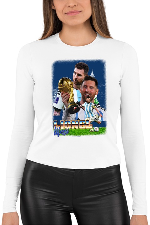 Tricou meneca lunga dama cu imprimeu, Football player - Lionel Messi model 1, mix 1, Alb