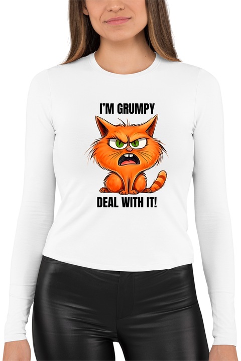 Bluza dama cu imprimeu, I'm grumpy deal with it, mix 1, Alb