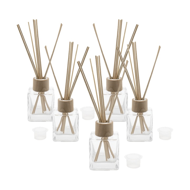 Set 5 bucati flacoane pentru odorizante din sticla transparenta 100 ml, capac, guler lemn si betisoare, Flory