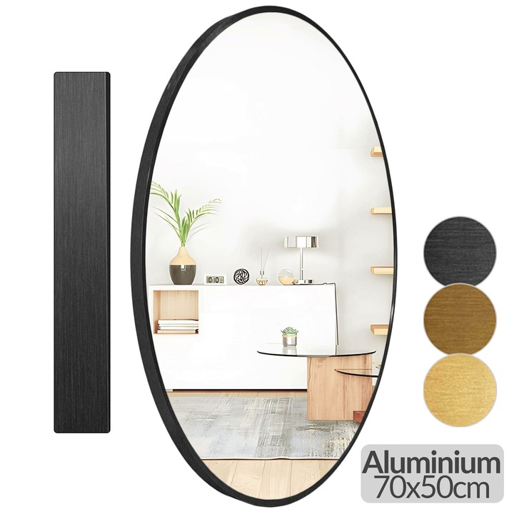 Oglinda ovala cu rama Neagra, 70x50cm, oglinda de perete, decorativa, pentru hol, living, baie, rama din aluminiu, Callena