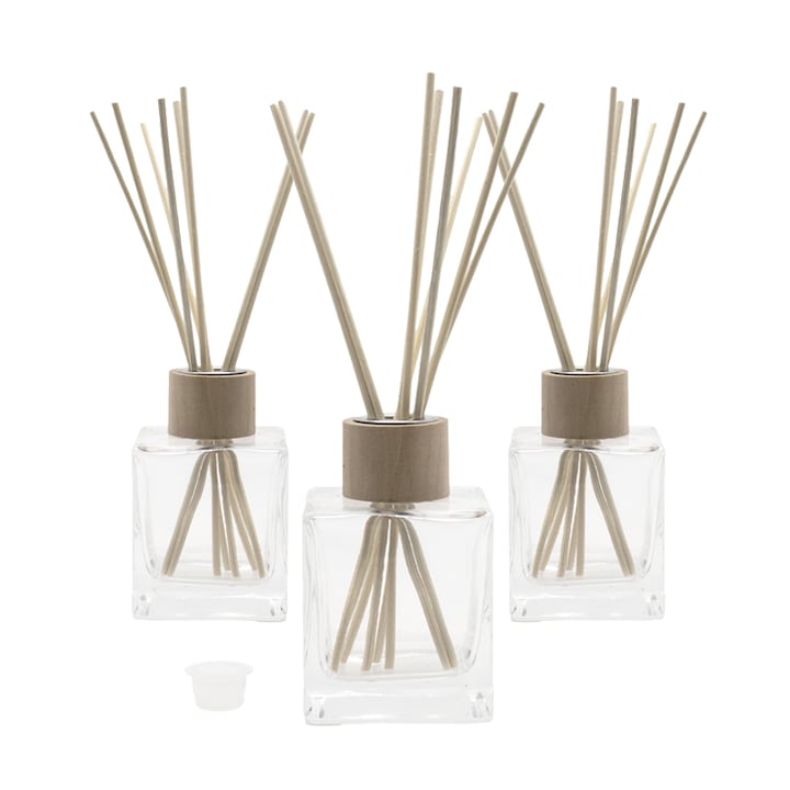 Set 3 bucati flacoane pentru odorizante din sticla transparenta 150 ml, capac, guler lemn si betisoare, Flory