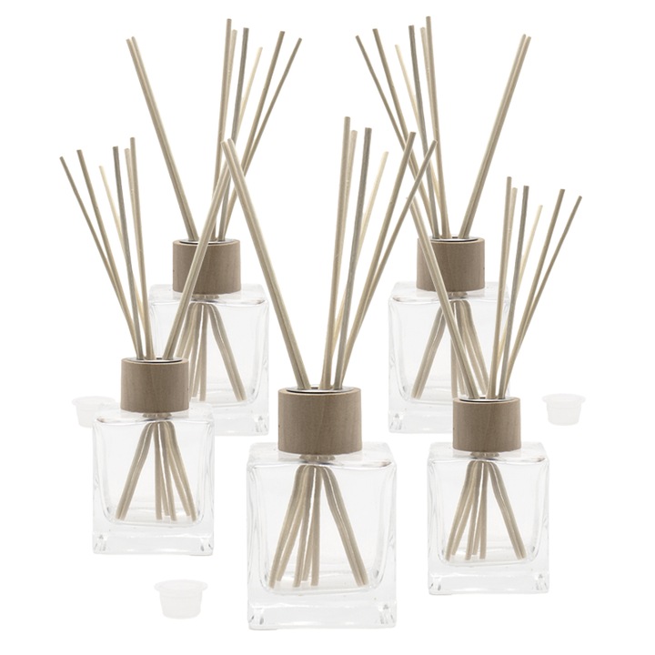 Set 5 bucati flacoane pentru odorizante din sticla transparenta 150 ml, capac, guler lemn si betisoare, Flory