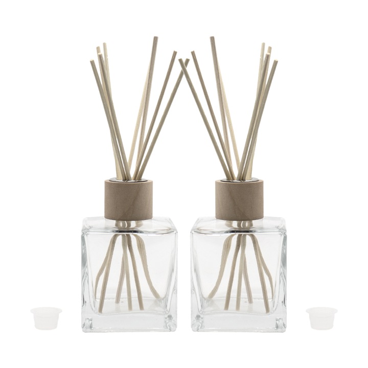 Set 2 bucati flacoane pentru odorizante din sticla transparenta 200 ml, capac, guler lemn si betisoare, Flory