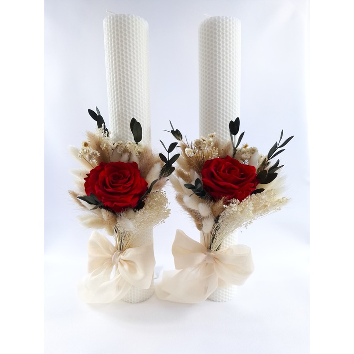 Комплект от 2 сватбени свещи от естествен восък, декорирани с първокласна криогенна роза и сухи естествени цветя, H40 см, D6 см