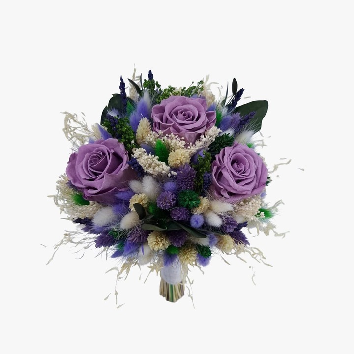Buchet cu trandafiri naturali criogenati si flori naturale uscate si criogenate