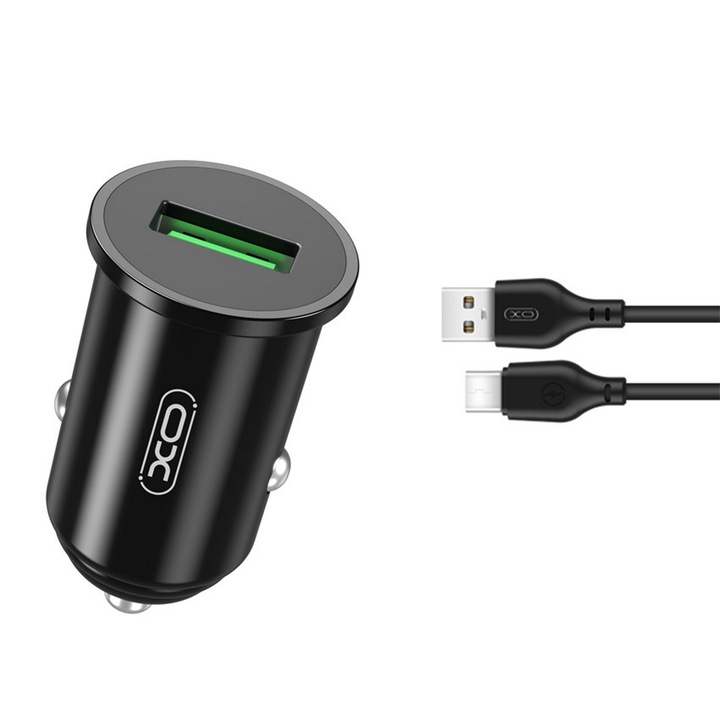 Incarcator auto XO TZ12, USB, Putere 18W, Cablu USB-C inclus, Negru