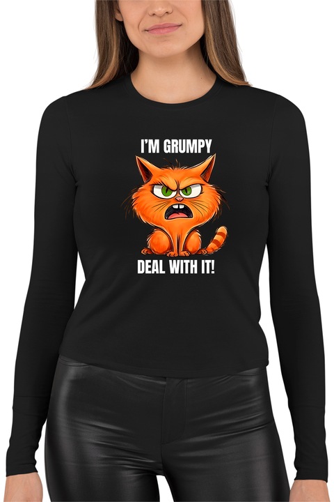 Bluza dama cu imprimeu, I'm grumpy deal with it, mix 1, Negru