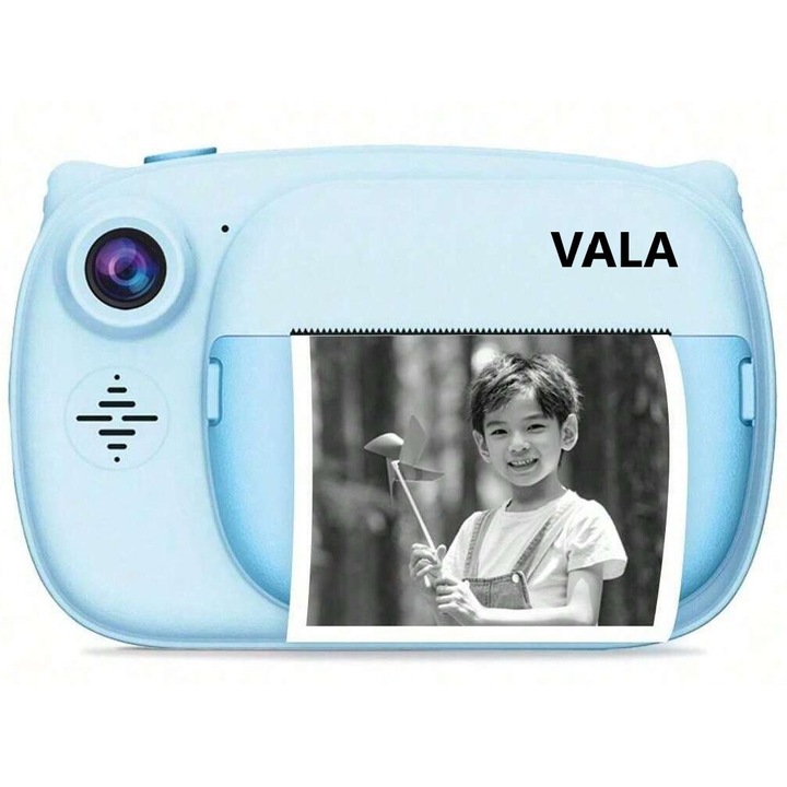 HD цифрова камера за деца с незабавен печат, VALA® S10, 56Mpx 1080P резолюция, две предни и задни камери, функция SELFIE, 3,5″ IPS HD цветен LCD дисплей, забавни рамки, филтри за снимки, включена 1 ролка хартия, син