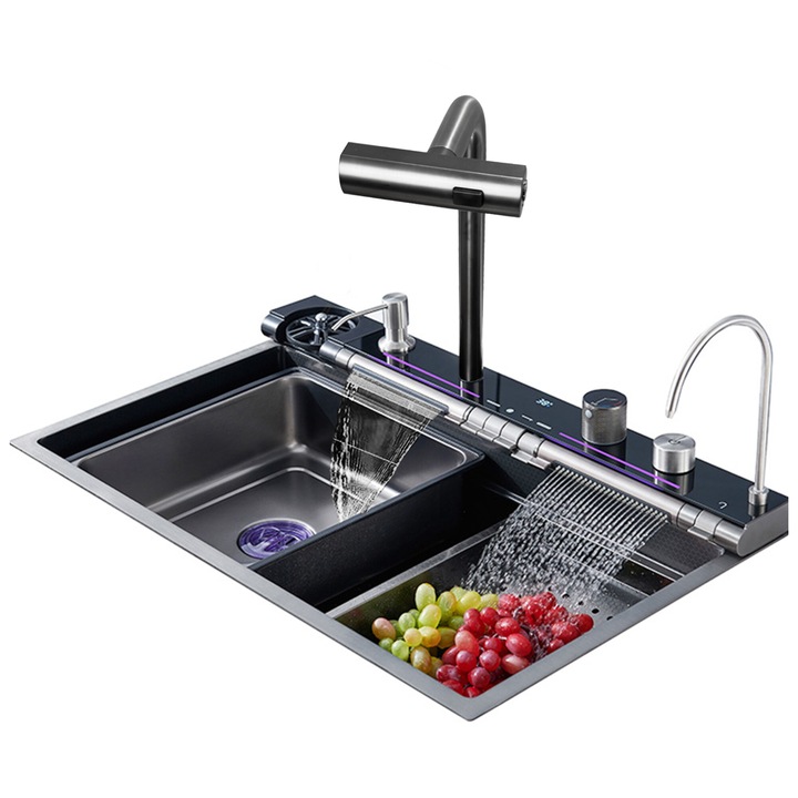 Chiuveta multifunctionala inox, TRENDY’S, cu led, baterie apa purificata si dozator sapun lichid incorporat 75 x 46 cm, CVT6