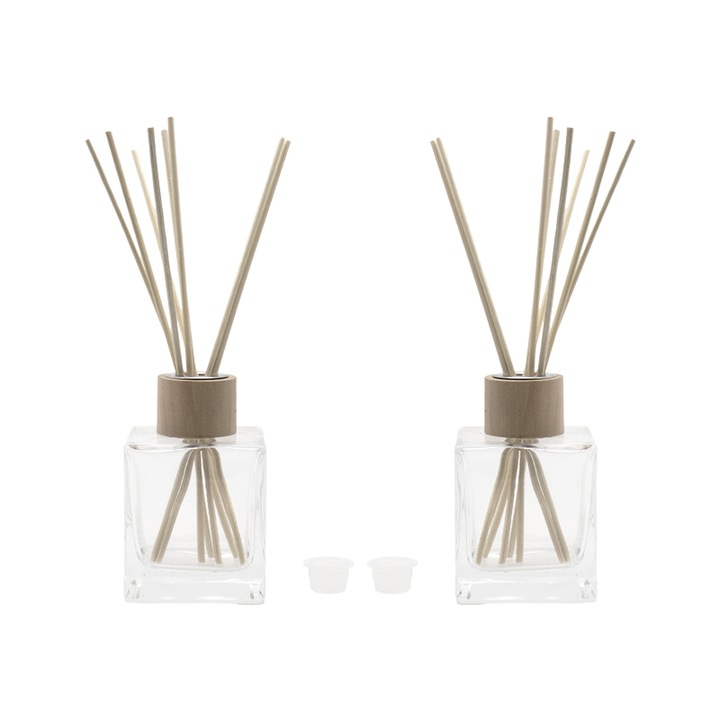 Set 2 bucati flacoane pentru odorizante din sticla transparenta 150 ml, capac, guler lemn si betisoare, Flory