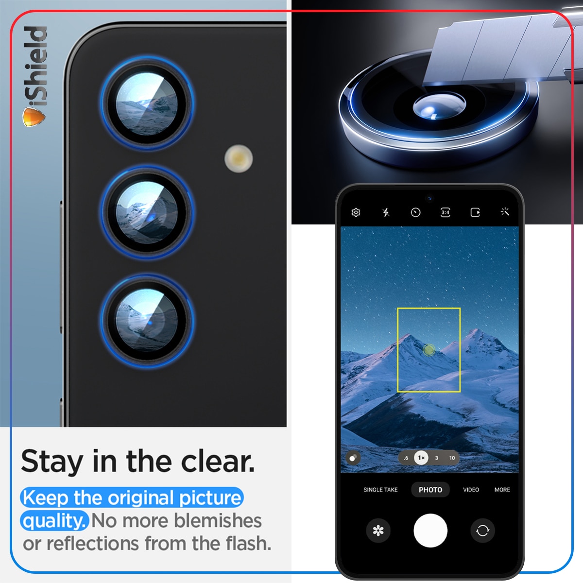 Folii Camera pentru Samsung S24 Plus, Lentile Individuale din Sticla, Transparente, cu Kit de aliniere, Case Friendly, iShield, contur metalizat NEGRU