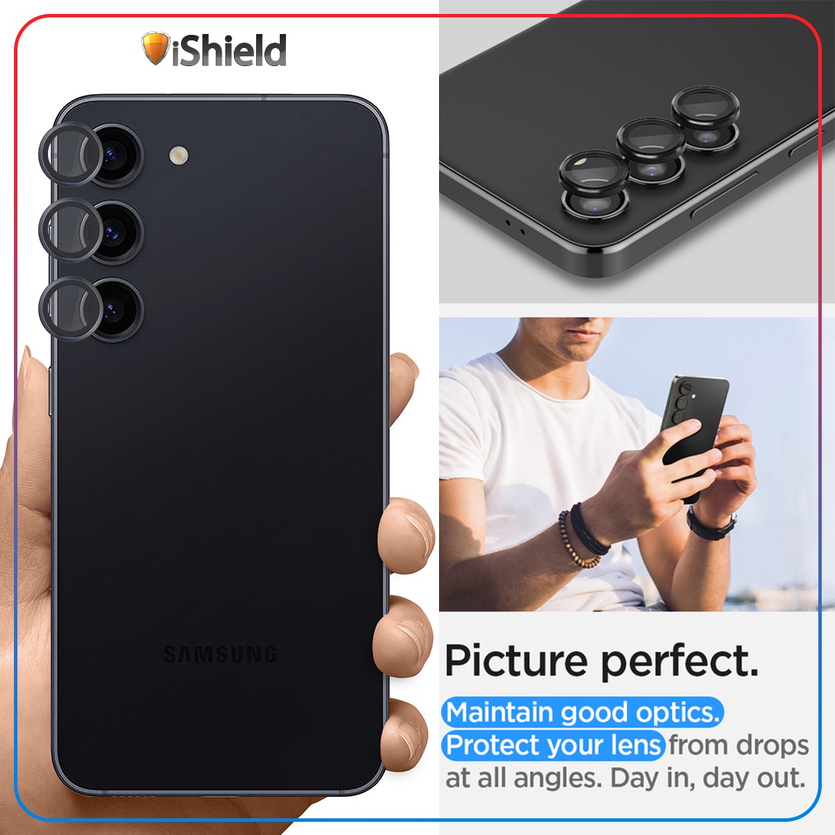 Folii Camera pentru Samsung S24 Plus, Lentile Individuale din Sticla, Transparente, cu Kit de aliniere, Case Friendly, iShield, contur metalizat NEGRU