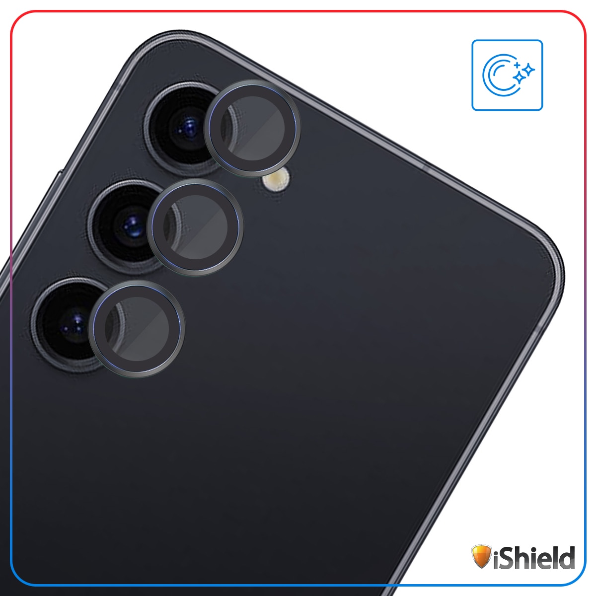 Folii Camera pentru Samsung S24 Plus, Lentile Individuale din Sticla, Transparente, cu Kit de aliniere, Case Friendly, iShield, contur metalizat NEGRU