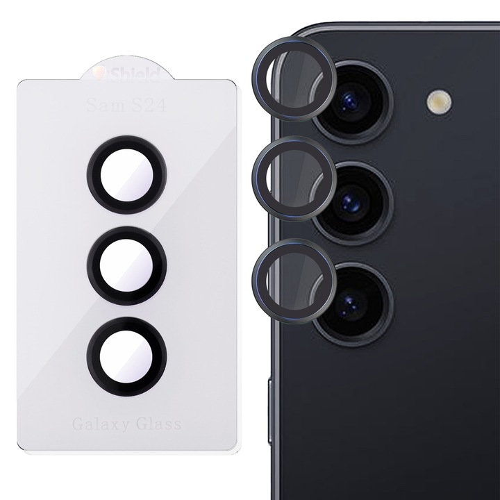 Folii Camera pentru Samsung S24 Plus, Lentile Individuale din Sticla, Transparente, cu Kit de aliniere, Case Friendly, iShield, contur metalizat NEGRU