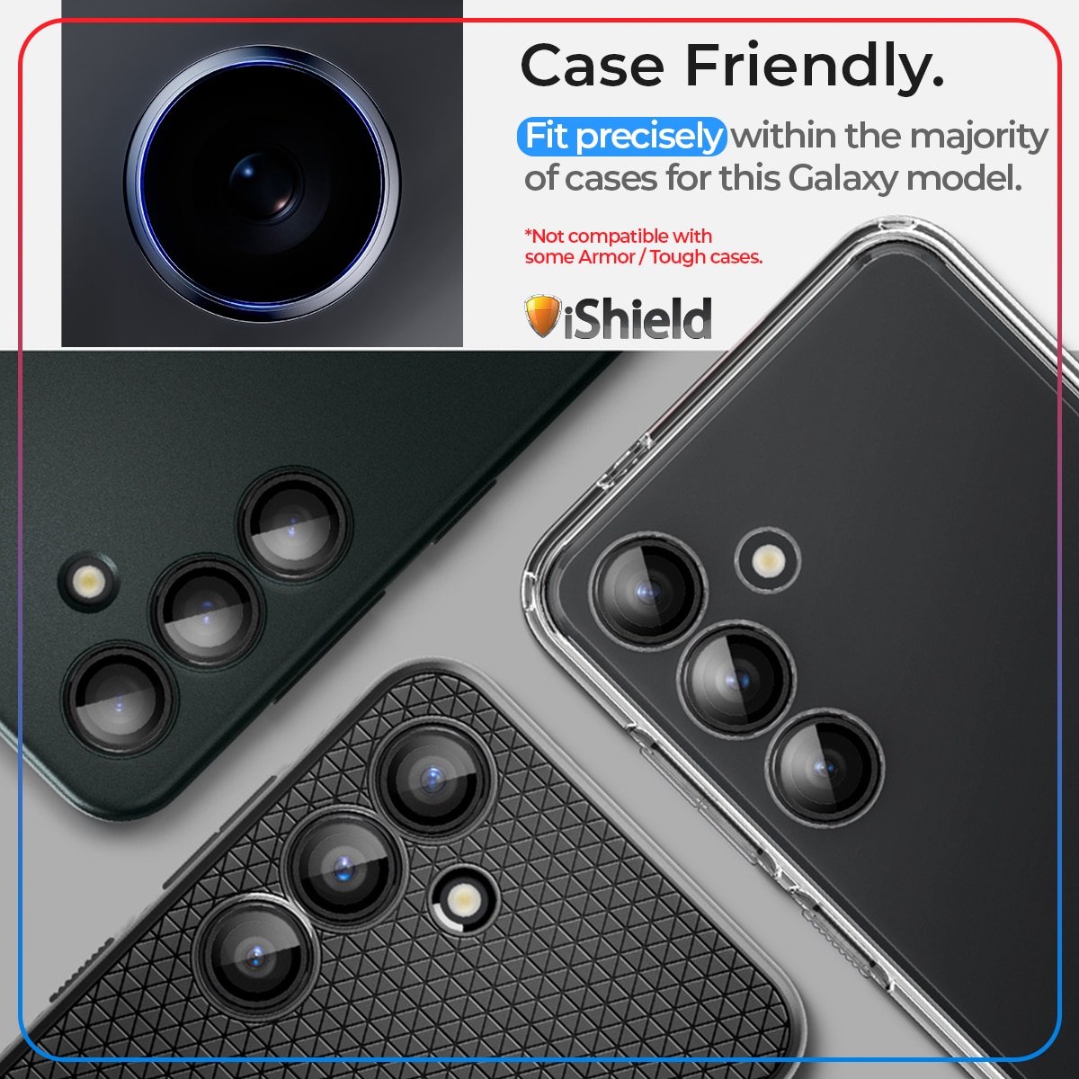 Folii Camera pentru Samsung S24 Plus, Lentile Individuale din Sticla, Transparente, cu Kit de aliniere, Case Friendly, iShield, contur metalizat NEGRU