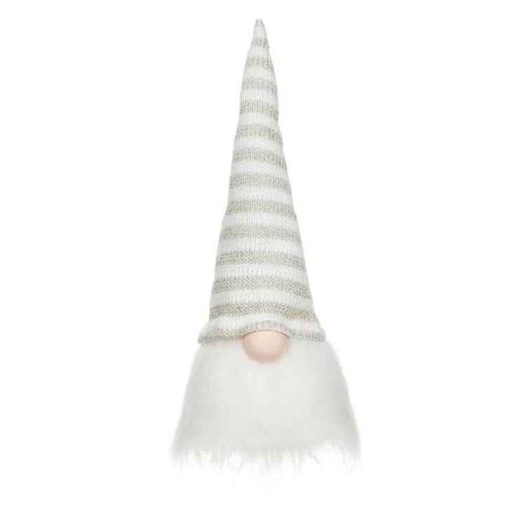 Figurina Decorativa, Pentru Craciun, Gnom cu LED si Caciula Bej cu Dungi, 28cm, UnderShop®
