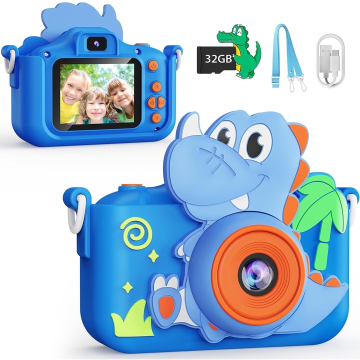 Camera Foto Digitala Elindor® pentru Copii, Ecran 2 Inch, 1080P HD, Zoom, Aparat cu 32GB SD Inclus, Incarcare USB, Acumulator Inclus, Jocuri Disponibile, Cadouri pentru Fete si Baieti de 3 - 12 ani, Model Dinozaut, Albastru