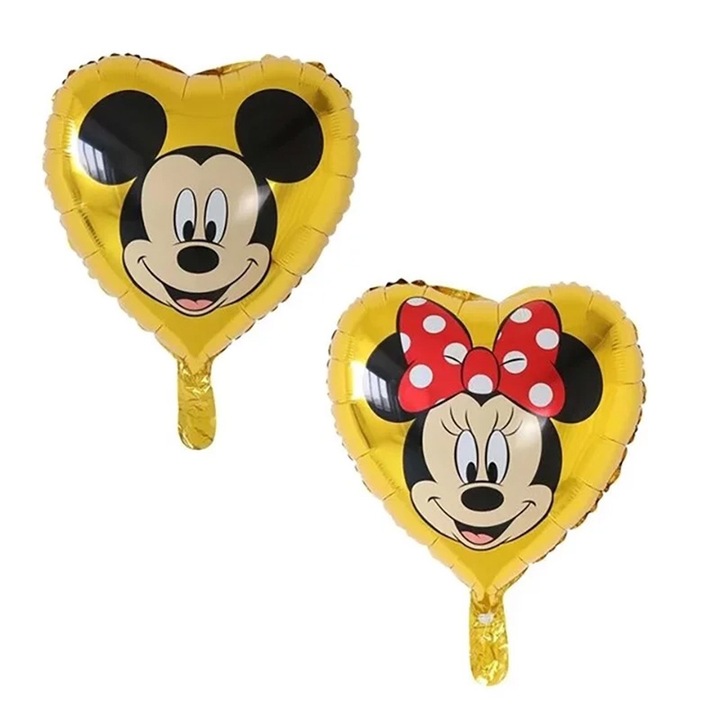 Balon folie Mickey-Minnie, in forma de inima, double sided, 45 cm, Auriu