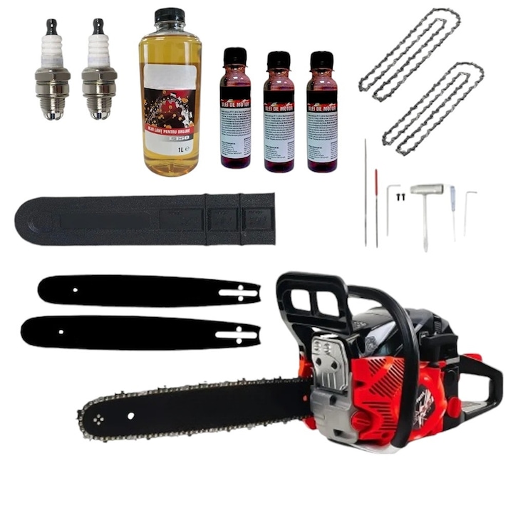 Set Drujba pe benzina 7.5CP Campion, 2 lame, 2 lanturi, 2 bujii, 1 sticla ulei lant, 1 sticla ulei amestec
