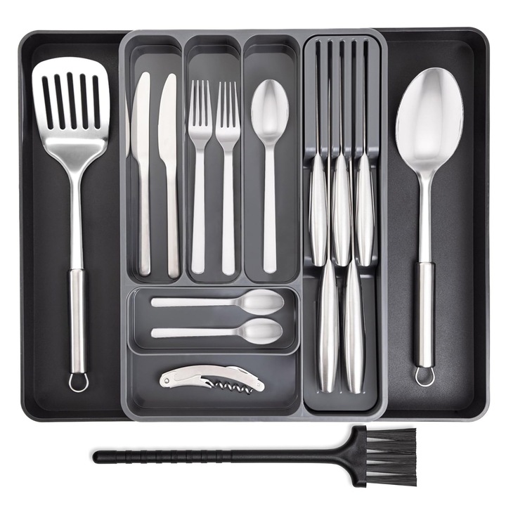 Органайзер за прибори и кухненски прибори, Axroad Mall, с четка, държач за ножове, разтегателно чекмедже, 8 отделения, голям капацитет, просторен, без BPA, лесен за почистване, пластмаса, 40 x 27 x 5 cm, черен