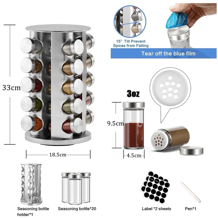 Комплект от 20 контейнера за подправки, Axroad Mall, С въртяща се опора от неръждаема стомана, етикети, химикал, прозрачни камери за съхранение, против ръжда, спестява място, лесен за сглобяване, за захар, кафе, чай, 18,5 x 18,5 x 33 cm, сребрист