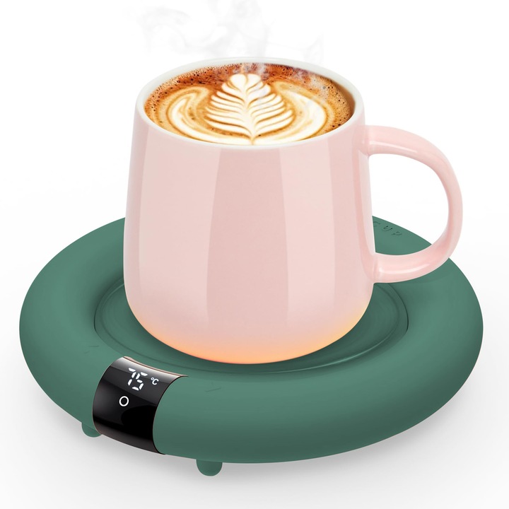 Lncalzitor pentru cana, JFYU, Incalzitor electric cana de buton touch, Afisaj digital al temperaturii, 3 setari temperatura, pana la 75°C, Picioruse antialunecare, Suporta cesti, pahare, Verde