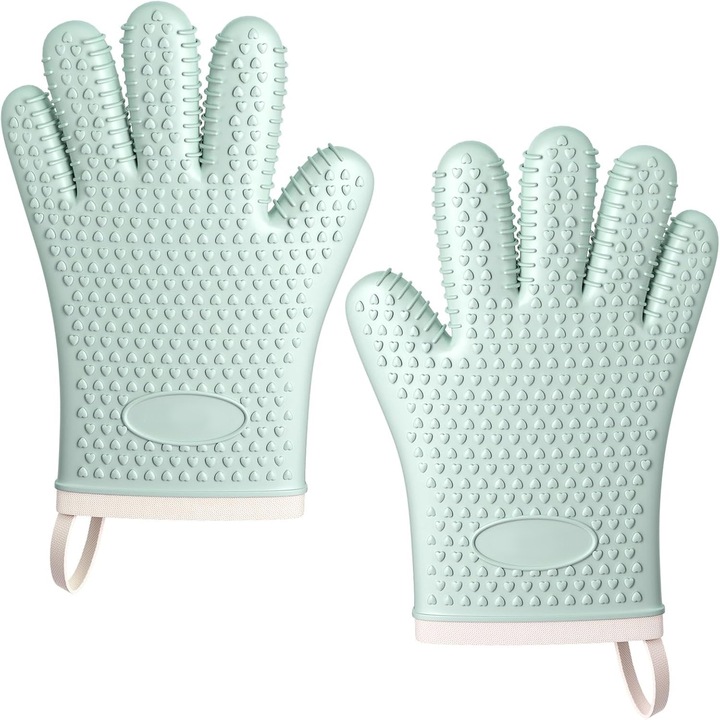 Set de 2 manusi de cuptor rezistente la caldura AKESON®, manusi de bucatarie din silicon alimentar, 300℃, verde, 24x17 cm