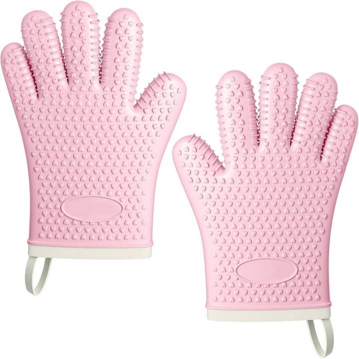 Set de 2 manusi de cuptor rezistente la caldura AKESON®, manusi de bucatarie din silicon alimentar, 300℃, Roz, 24x17 cm